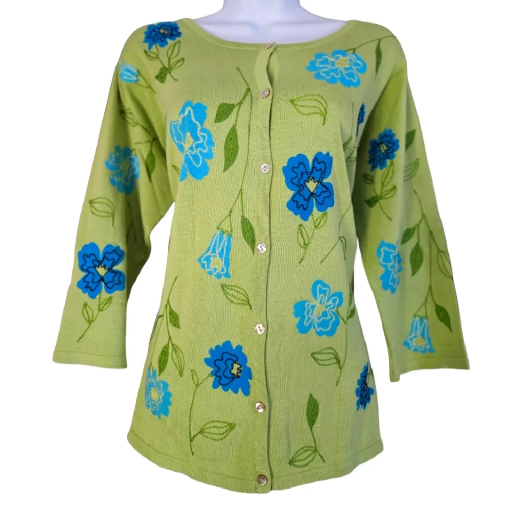 NWOT David Brooks green blue embroider floral silk cardigan sweater Women XLarge - Picture 1 of 9